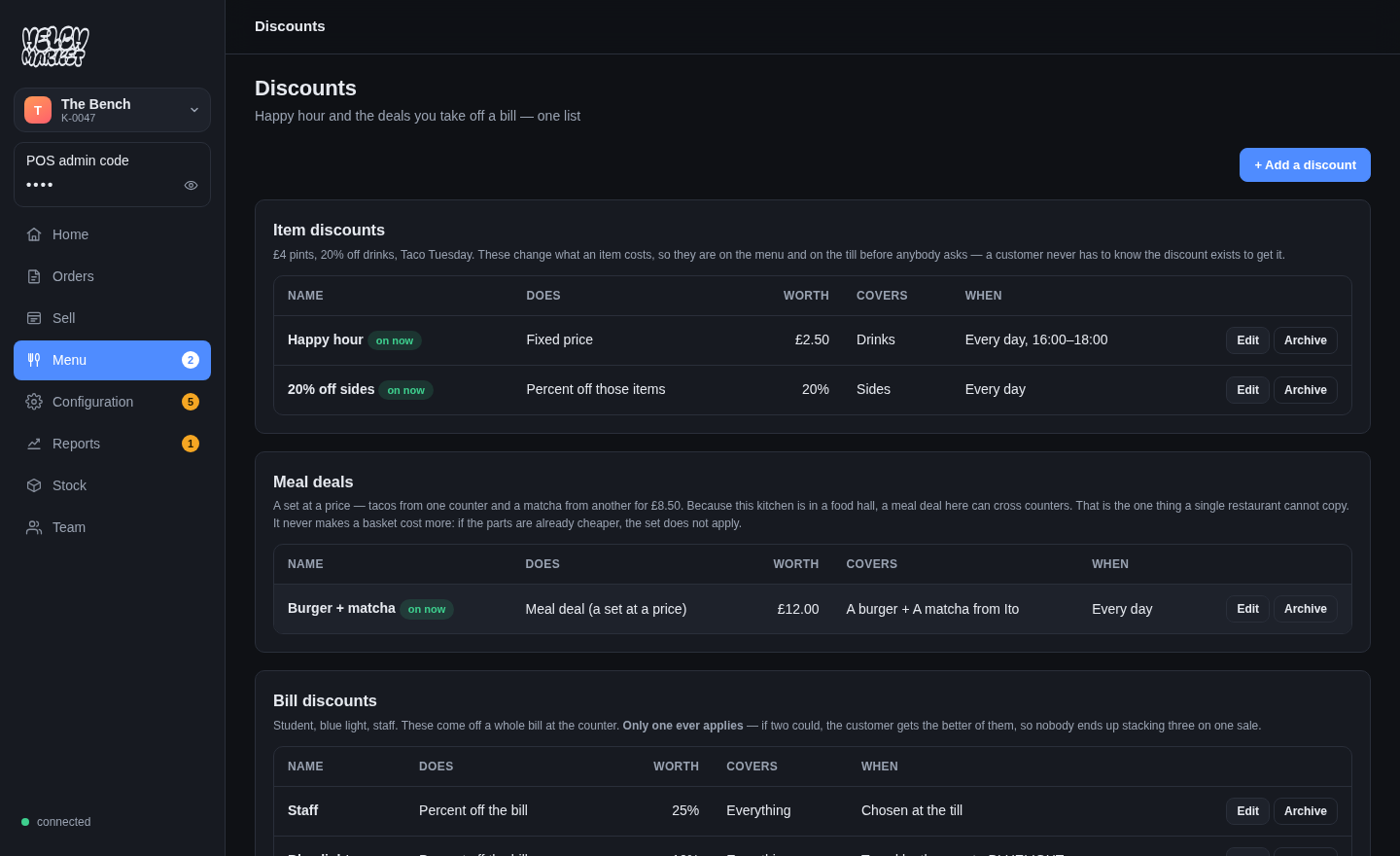 The real Discounts screen: item discounts, meal deals and bill discounts, including the typed code