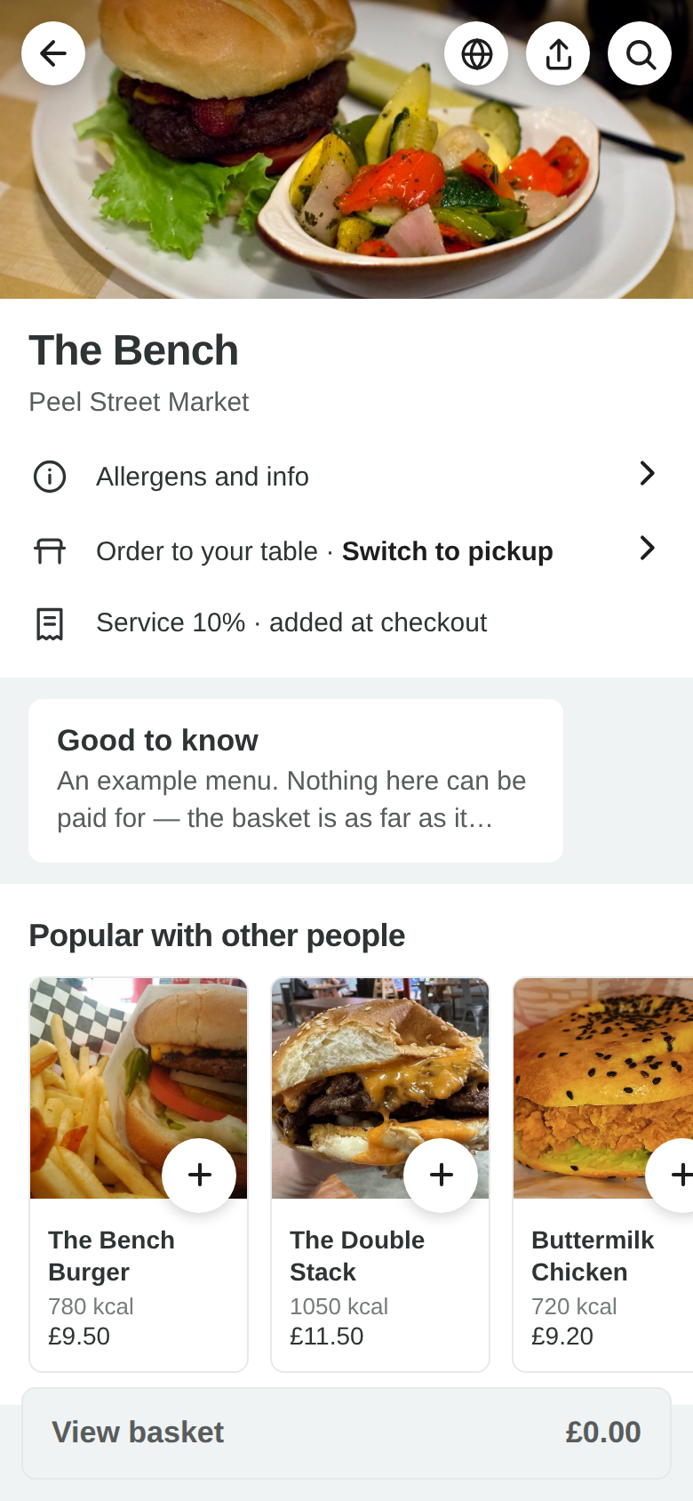 A kitchen&rsquo;s menu on the example hall, with the basket bar across the bottom