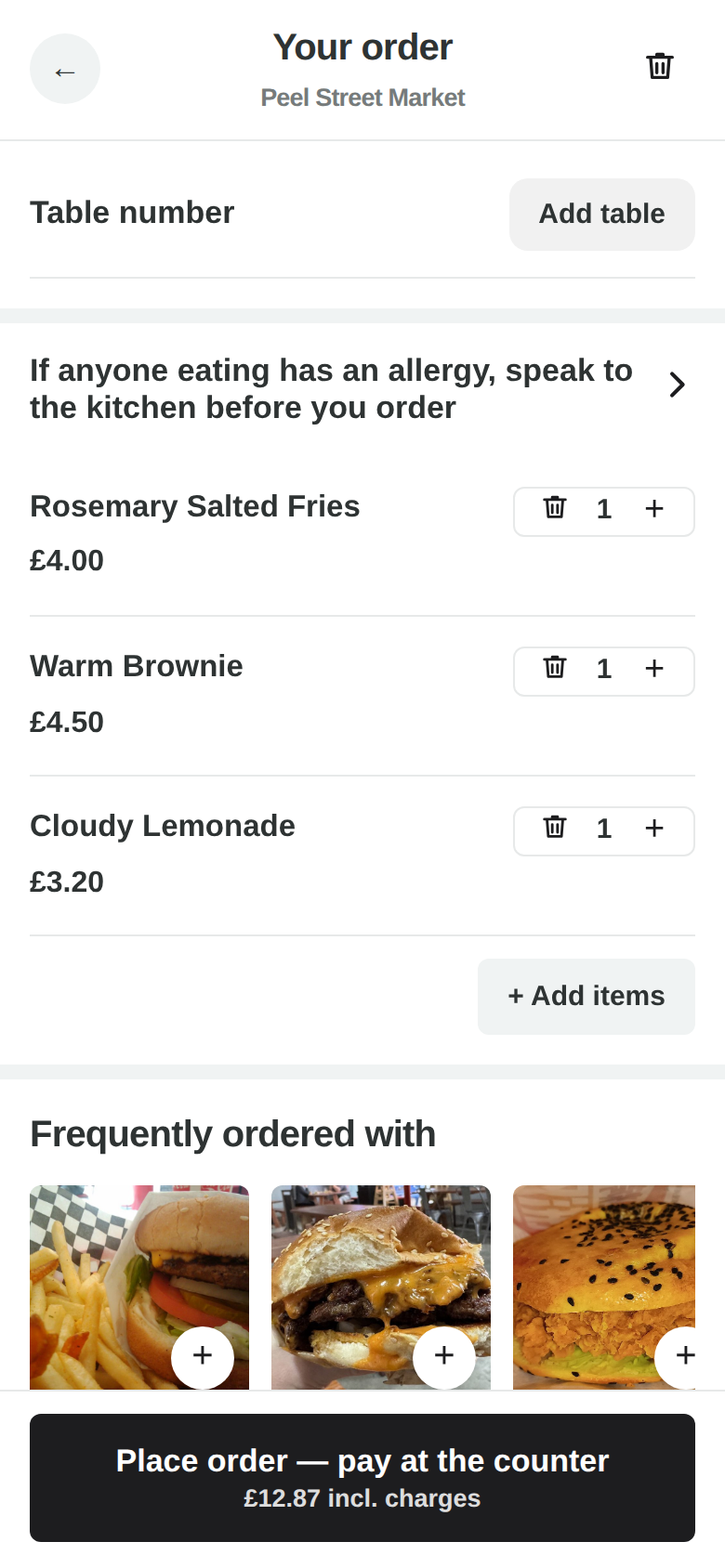 “Frequently ordered with” under a guest basket