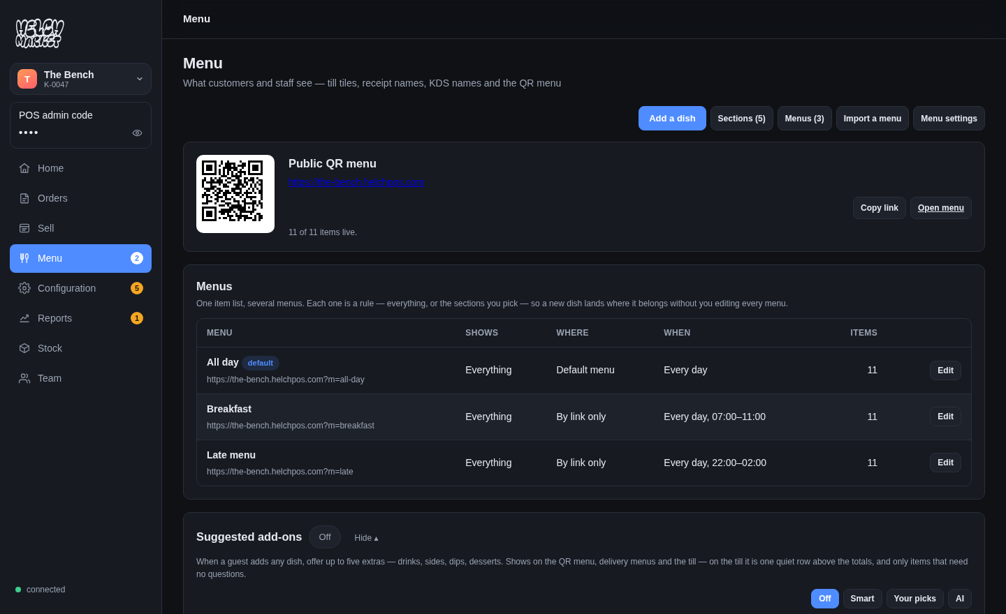 The real menu screen on an example hall: the printable QR code, the timed menus and their own links, and live item counts