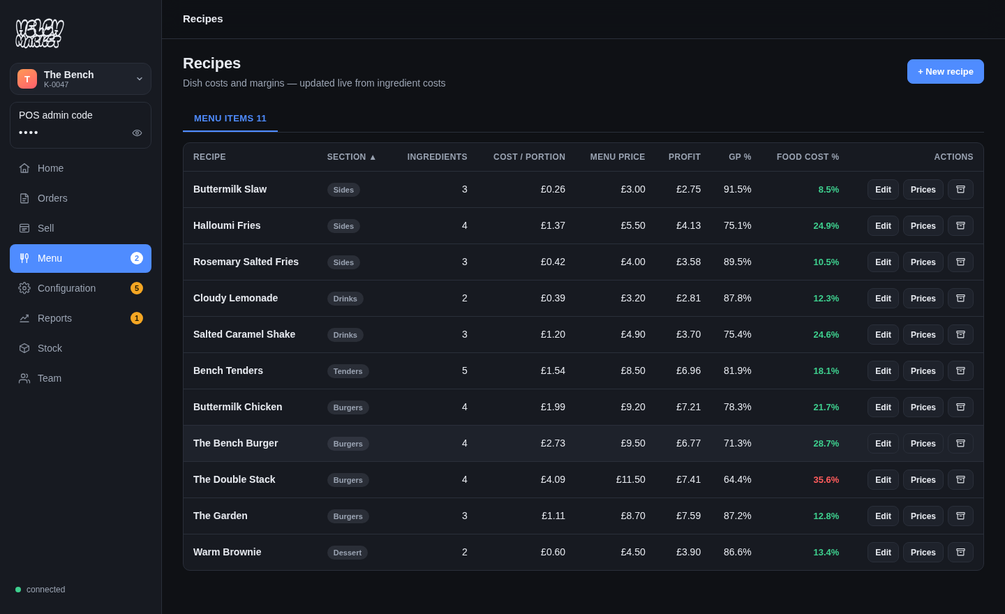 The real recipes screen with sections, ingredient counts and cost per portion
